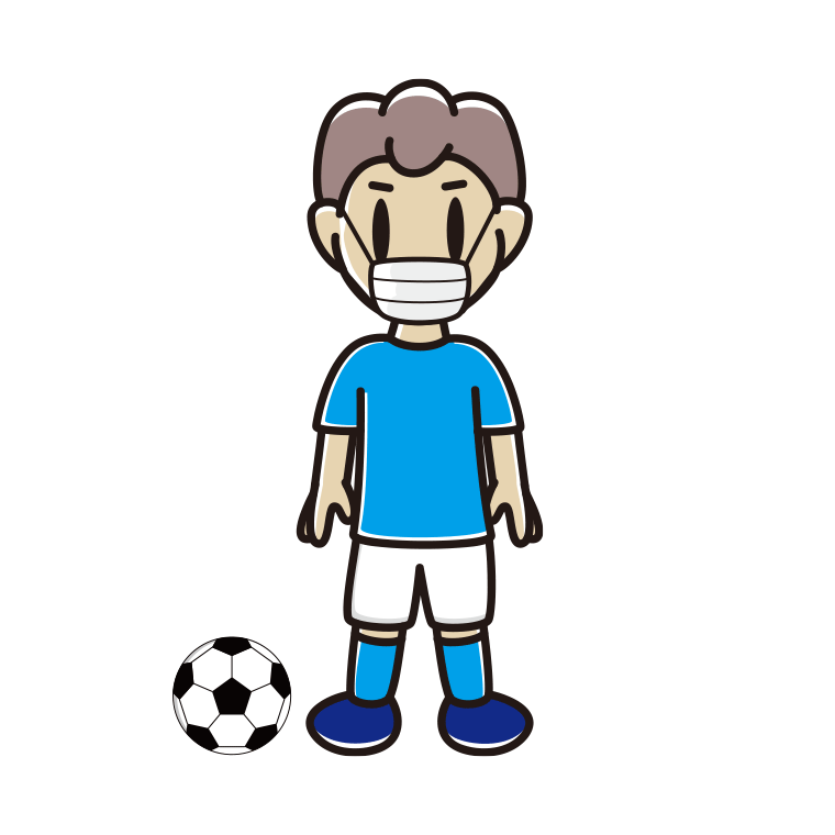 マスクをするサッカーのユニフォーム姿の男子中学生のイラスト【色あり、背景なし】透過PNG