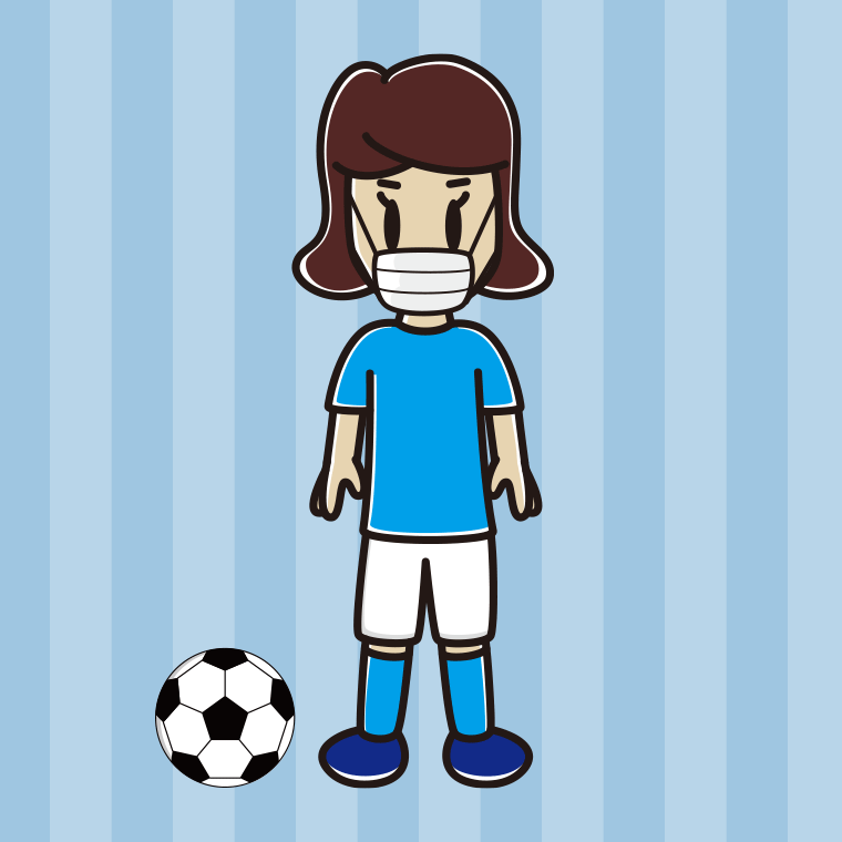 マスクをするサッカーのユニフォーム姿の女子高校生のイラスト【色、背景あり】PNG