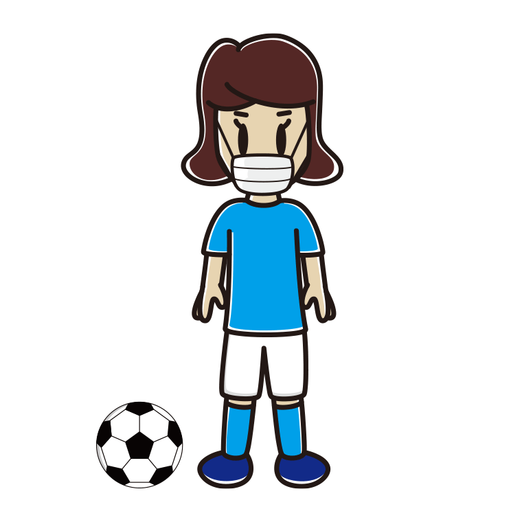 マスクをするサッカーのユニフォーム姿の女子高校生のイラスト【色あり、背景なし】透過PNG