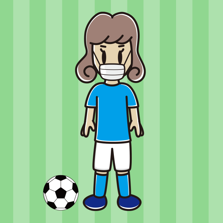 マスクをするサッカーのユニフォーム姿の女子大学生のイラスト【色、背景あり】PNG