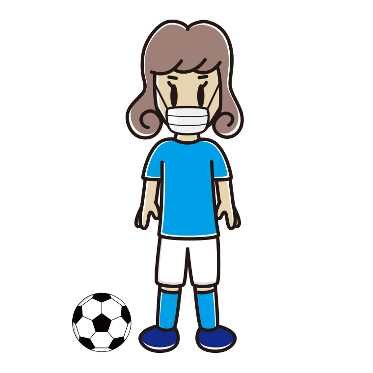 マスクをするサッカーのユニフォーム姿の女子大学生のイラスト【色あり、背景なし】透過PNG