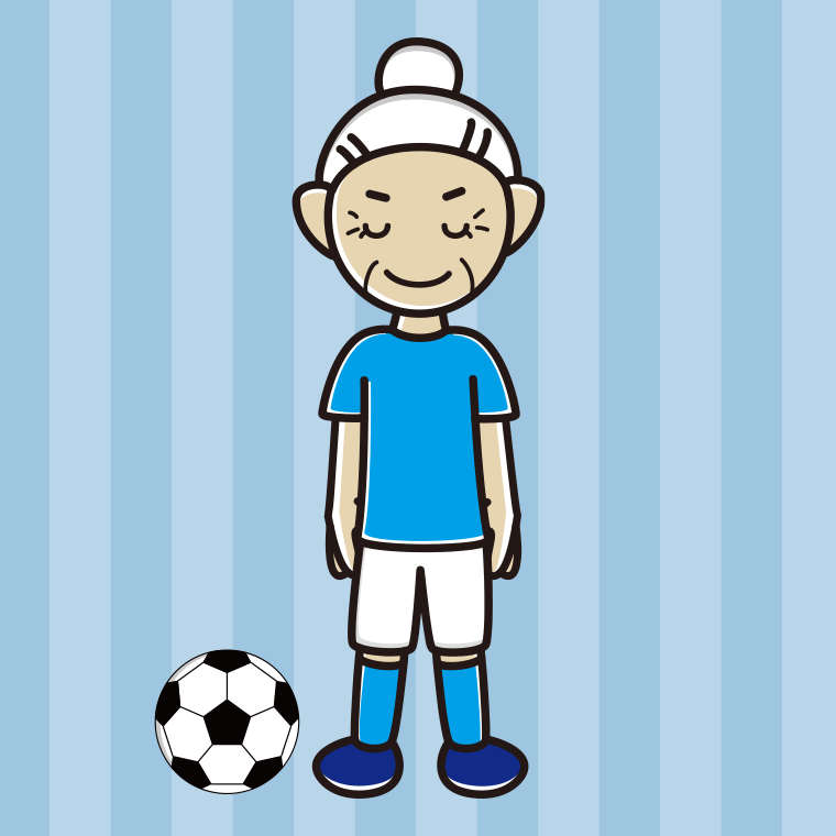 挨拶するサッカーのユニフォーム姿のおばあさんのイラスト【色、背景あり】PNG