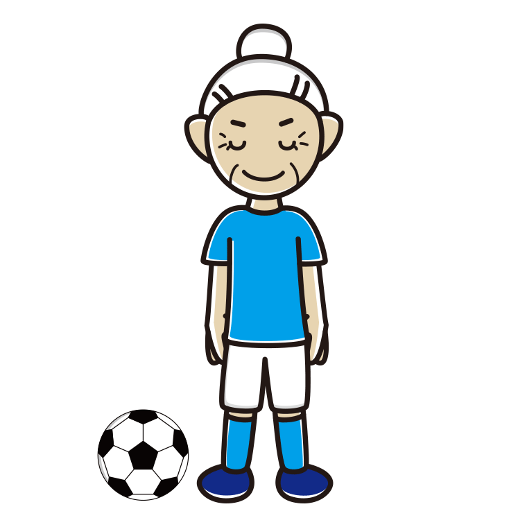 挨拶するサッカーのユニフォーム姿のおばあさんのイラスト【色あり、背景なし】透過PNG