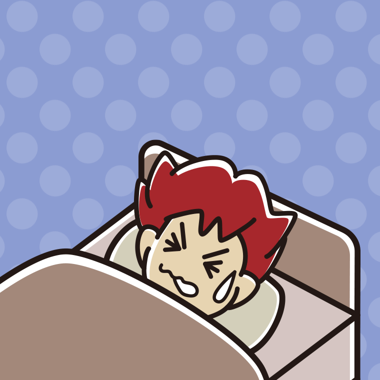 睡眠中にうなされる男子大学生のイラスト【色、背景あり】PNG