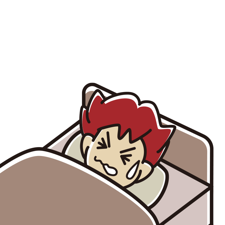 睡眠中にうなされる男子大学生のイラスト【色あり、背景なし】透過PNG