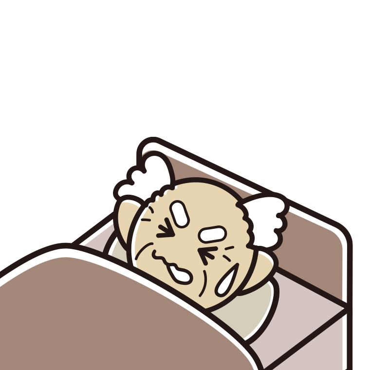 睡眠中にうなされるおじいさんのイラスト【色あり、背景なし】透過PNG