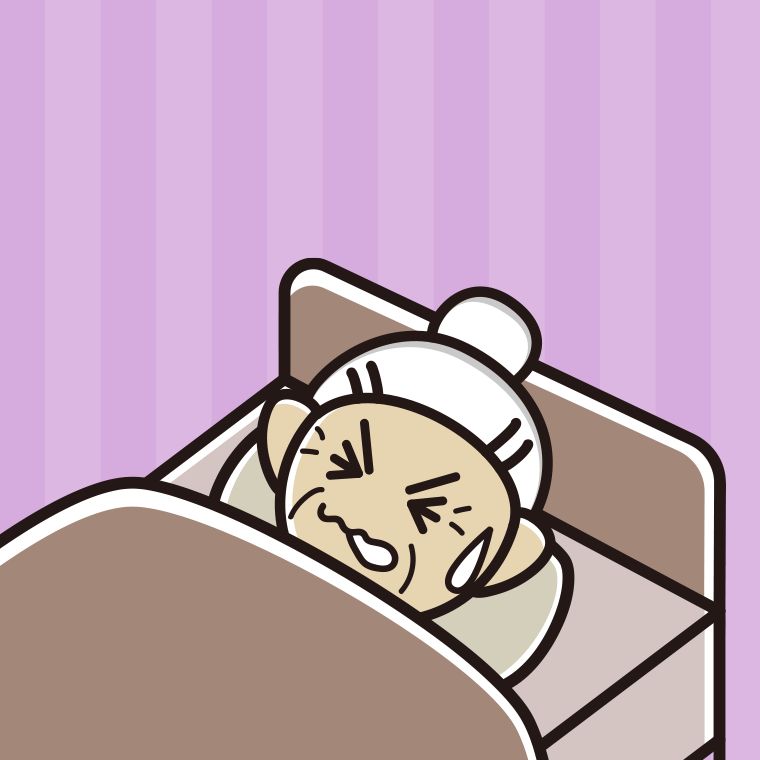 睡眠中にうなされるおばあさんのイラスト【色、背景あり】PNG