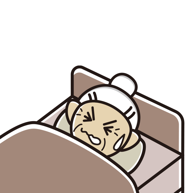 睡眠中にうなされるおばあさんのイラスト【色あり、背景なし】透過PNG