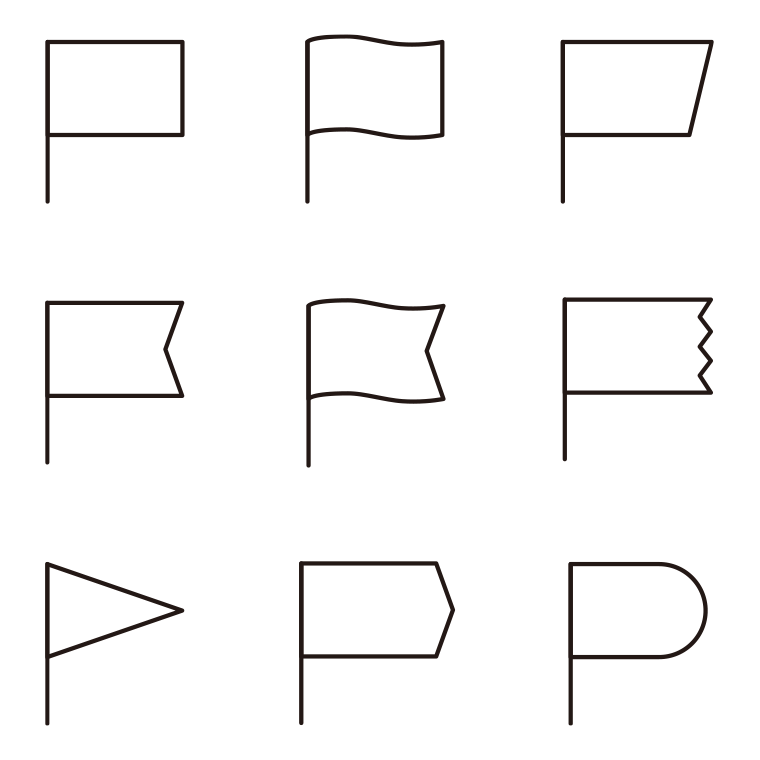 旗のイラスト・アイコンセットC（ゴールド・9種）【線のみ】透過PNG