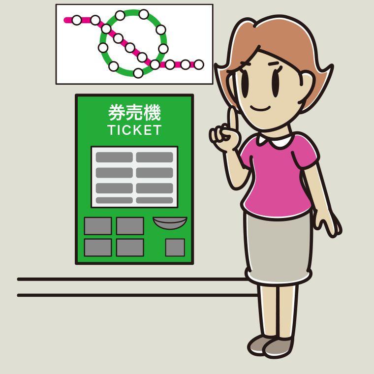 駅で切符を買う女性のイラスト【色、背景あり】PNG