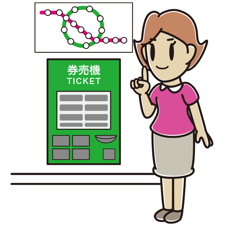 駅で切符を買う女性のイラスト【色あり、背景なし】透過PNG