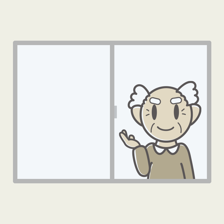 窓から案内するおじいさんのイラスト【色、背景あり】PNG