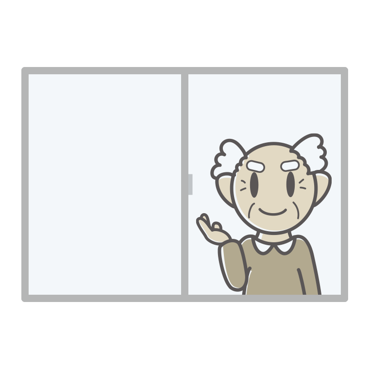 窓から案内するおじいさんのイラスト【色あり、背景なし】透過PNG