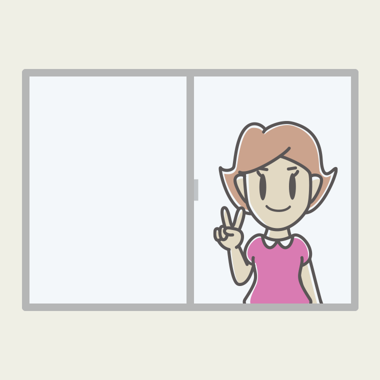 窓でピースをする女性のイラスト【色、背景あり】PNG