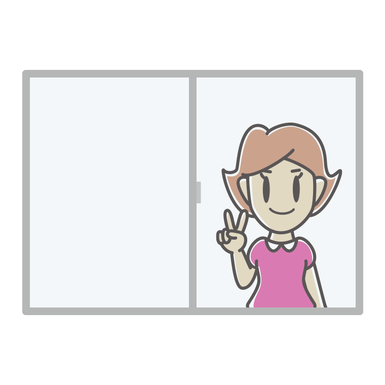 窓でピースをする女性のイラスト【色あり、背景なし】透過PNG