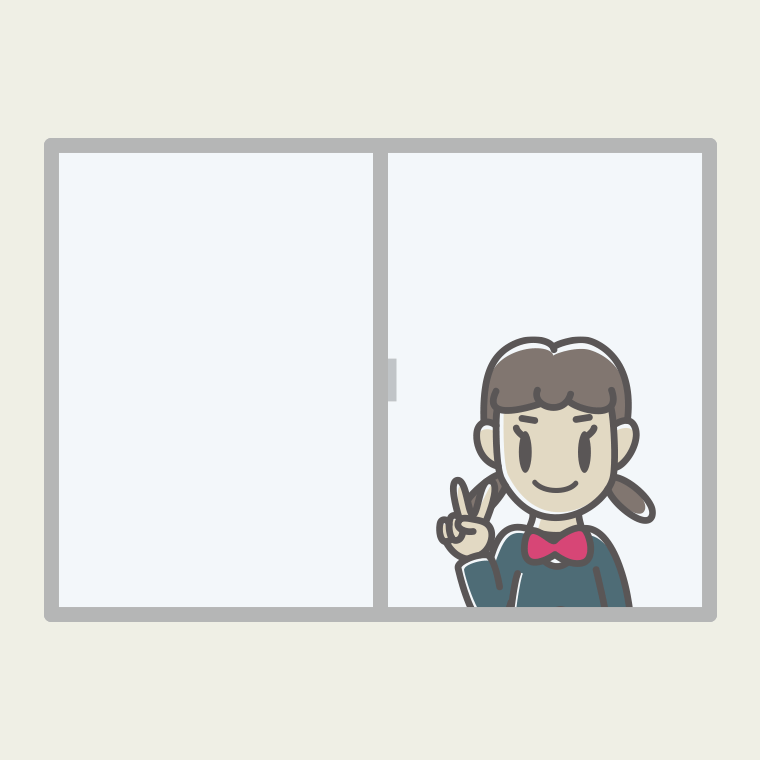 窓でピースをする女子中学生のイラスト【色、背景あり】PNG