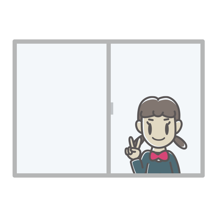 窓でピースをする女子中学生のイラスト【色あり、背景なし】透過PNG