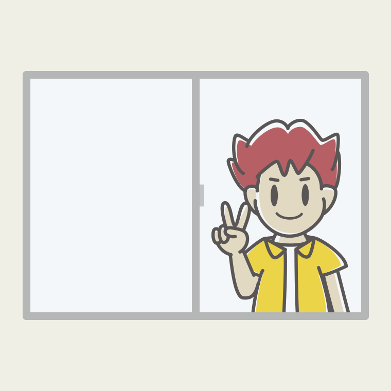 窓でピースをする男子大学生のイラスト【色、背景あり】PNG