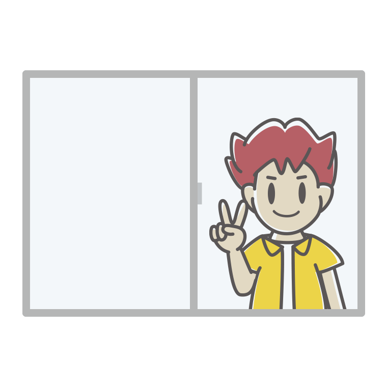 窓でピースをする男子大学生のイラスト【色あり、背景なし】透過PNG