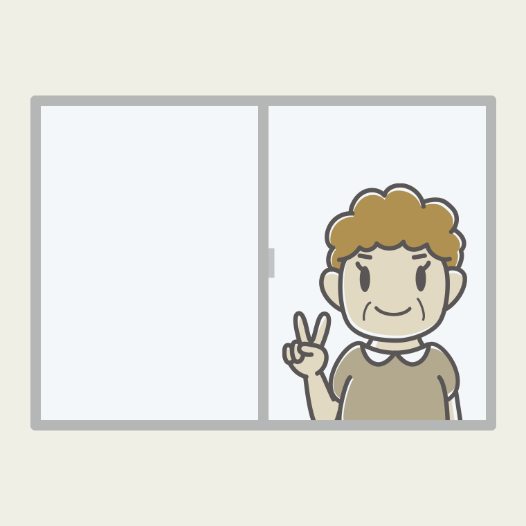 窓でピースをするおばさんのイラスト【色、背景あり】PNG