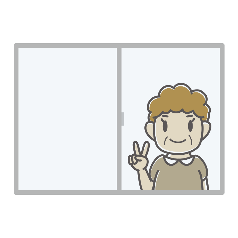 窓でピースをするおばさんのイラスト【色あり、背景なし】透過PNG