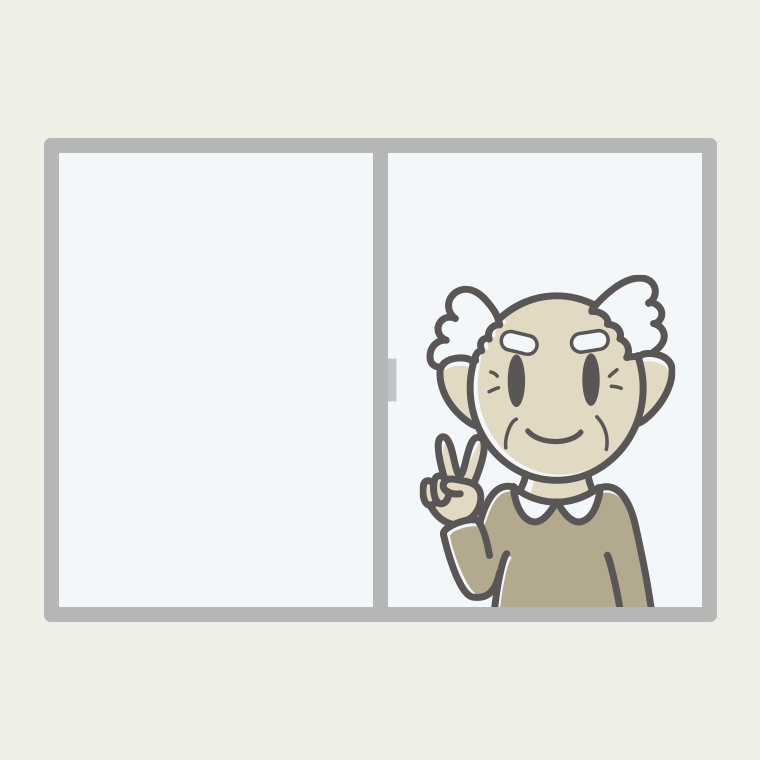 窓でピースをするおじいさんのイラスト【色、背景あり】PNG