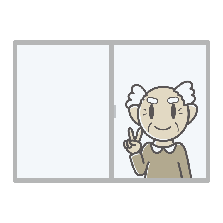 窓でピースをするおじいさんのイラスト【色あり、背景なし】透過PNG