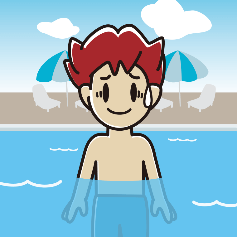 プールに入って苦笑いする男子大学生のイラスト【色、背景あり】PNG