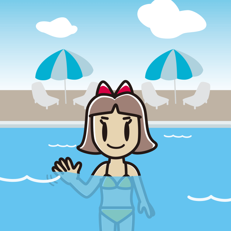 プールに入って手を振る小学生女子のイラスト【色、背景あり】PNG