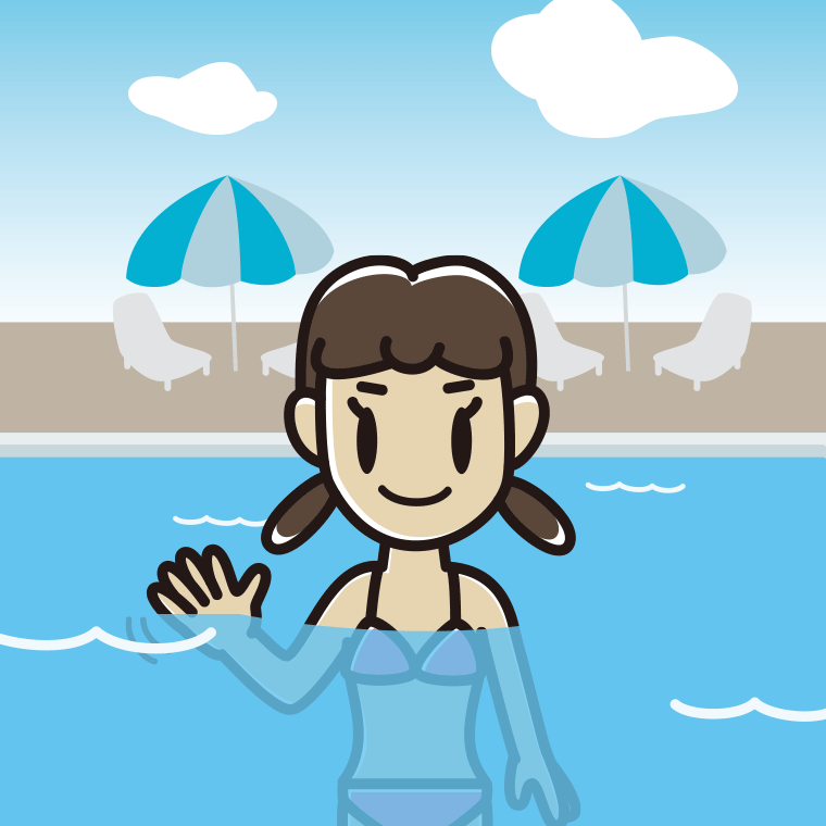 プールに入って手を振る女子中学生のイラスト【色、背景あり】PNG