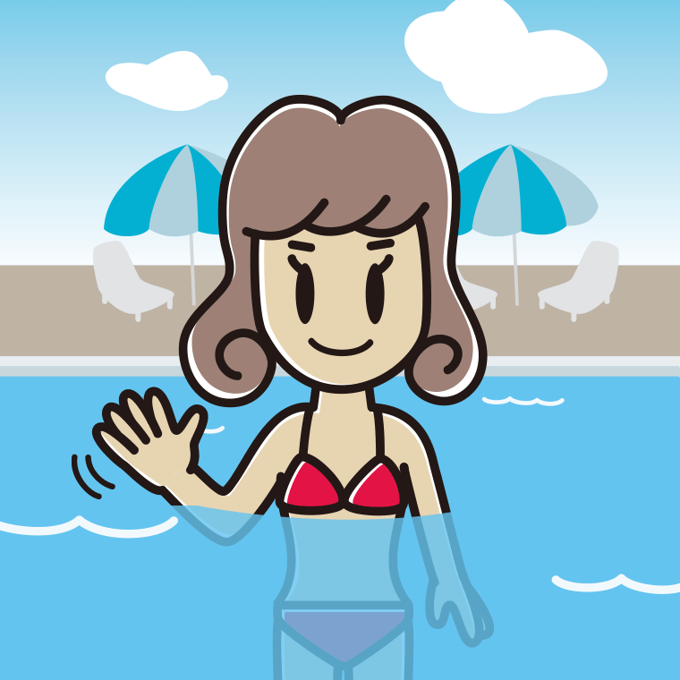 プールに入って手を振る女子大学生のイラスト【色、背景あり】PNG