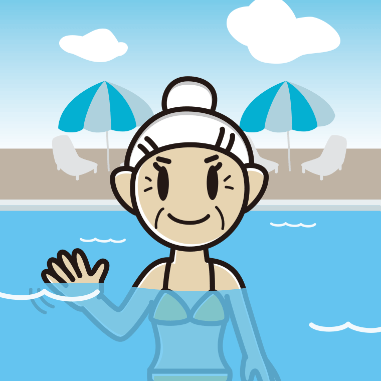 プールに入って手を振るおばあさんのイラスト【色、背景あり】PNG