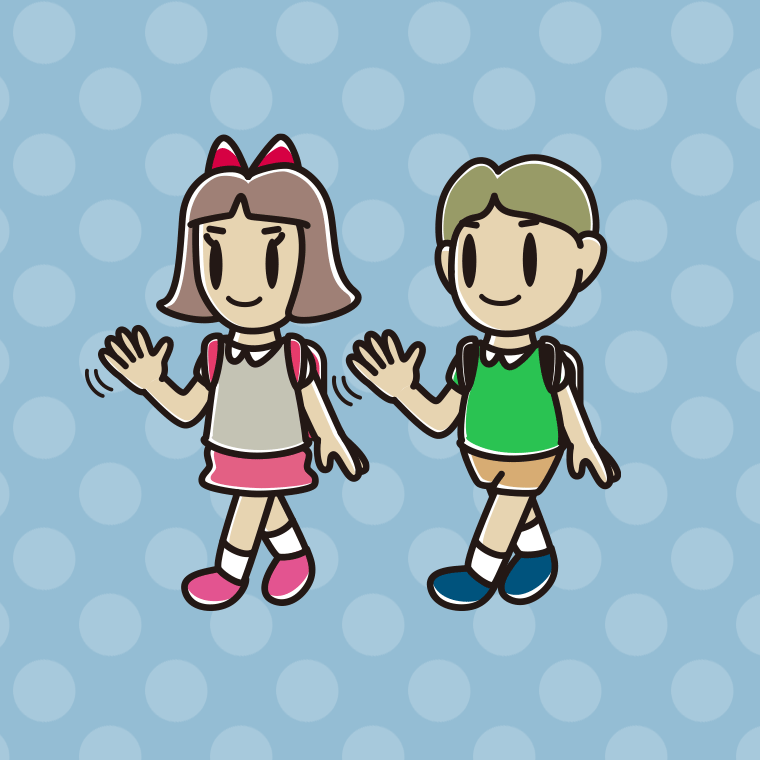 通学中に手を振る小学生のイラスト【色、背景あり】PNG