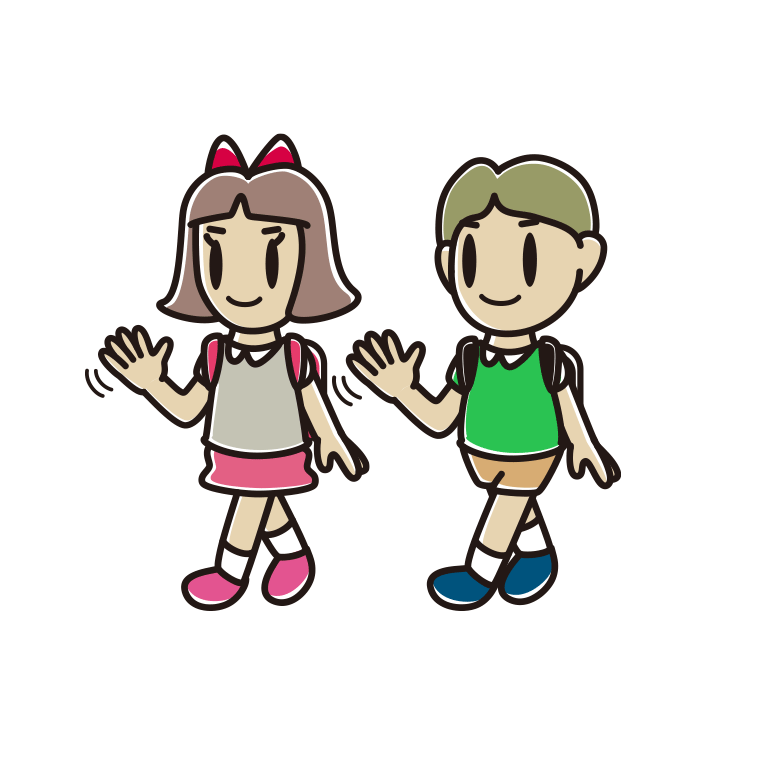 通学中に手を振る小学生のイラスト【色あり、背景なし】透過PNG