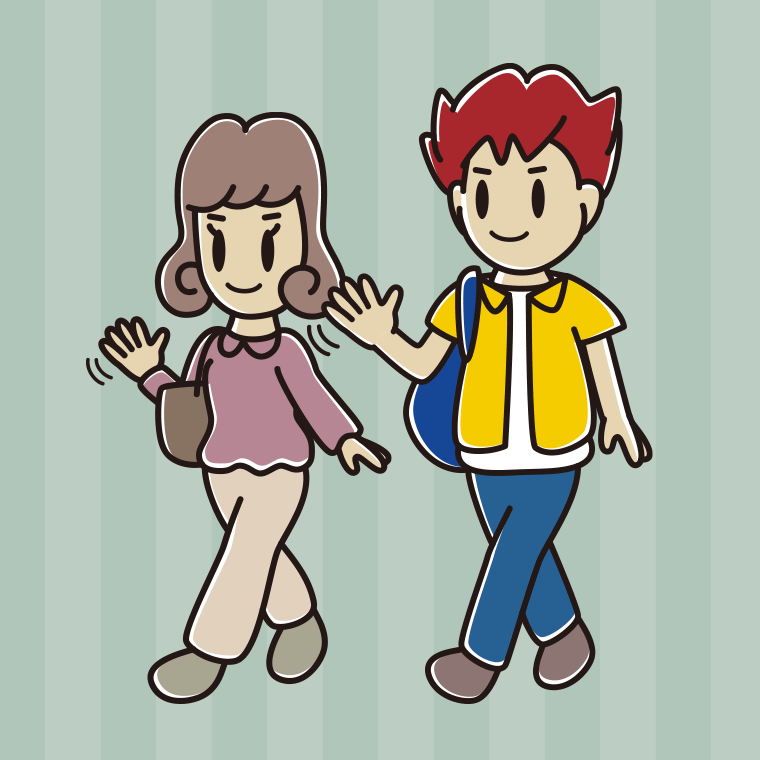 通学中に手を振る大学生のイラスト【色、背景あり】PNG