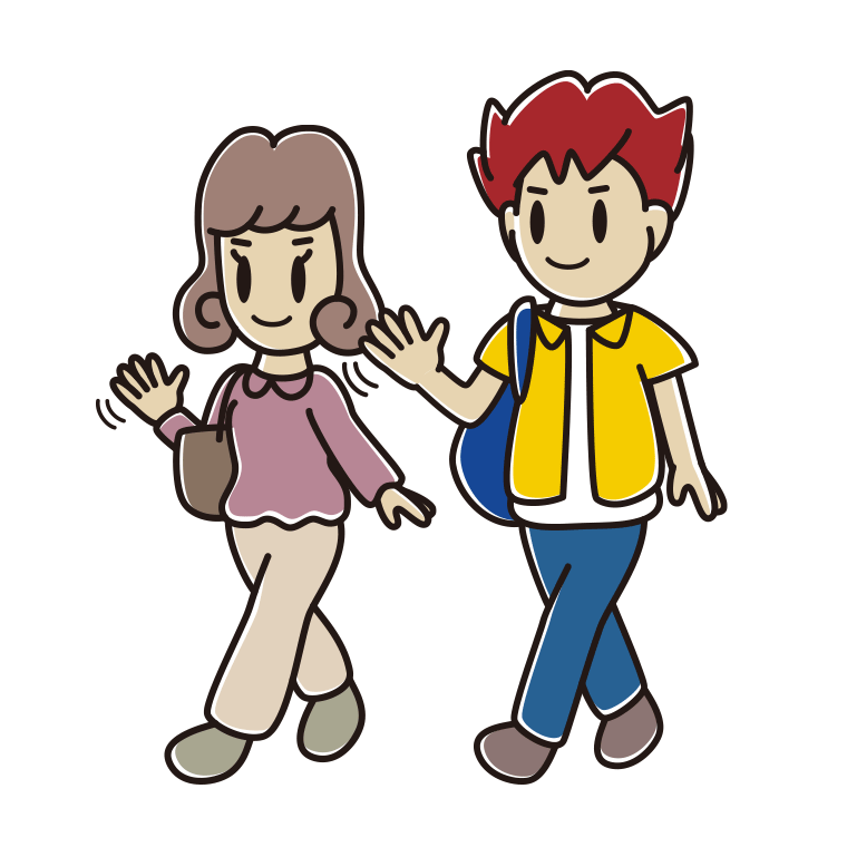 通学中に手を振る大学生のイラスト【色あり、背景なし】透過PNG