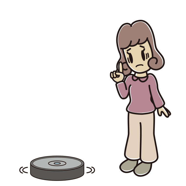 ロボット掃除機で困る女子大学生のイラスト【色あり、背景なし】透過PNG