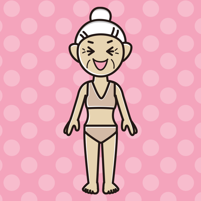 インナーウェアの着用例イラスト（笑うおばあさん）【色、背景あり】PNG