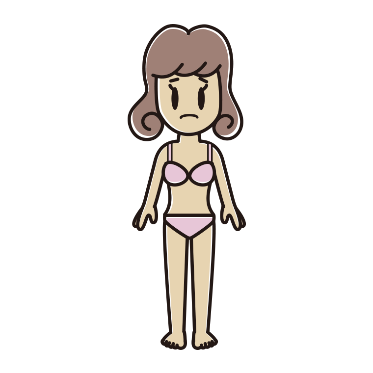 インナーウェアの着用例イラスト（困る女子大学生）【色あり、背景なし】透過PNG