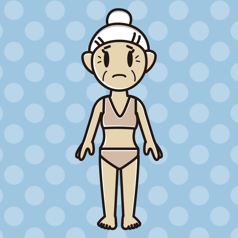 インナーウェアの着用例イラスト（困るおばあさん）【色、背景あり】PNG