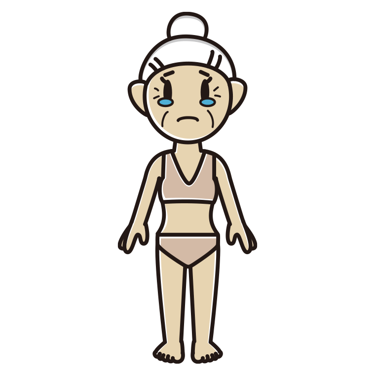 インナーウェアの着用例イラスト（泣くおばあさん）【色あり、背景なし】透過PNG