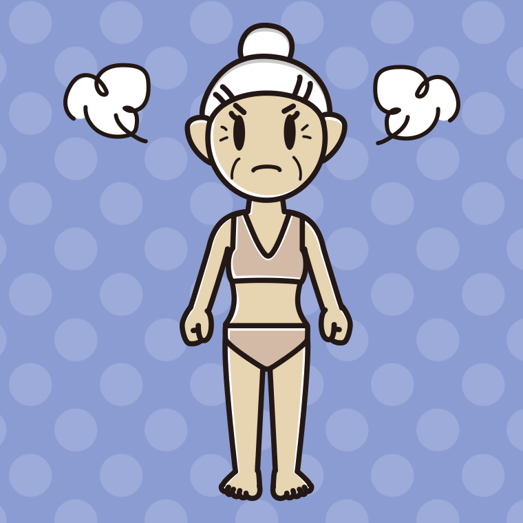 インナーウェアの着用例イラスト（怒るおばあさん）【色、背景あり】PNG