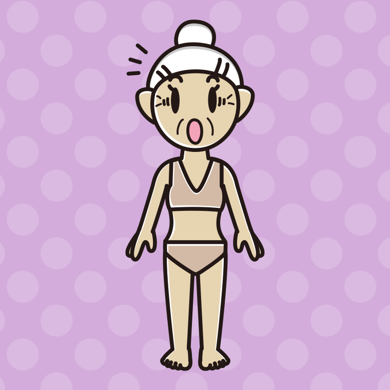 インナーウェアの着用例イラスト（驚くおばあさん）【色、背景あり】PNG