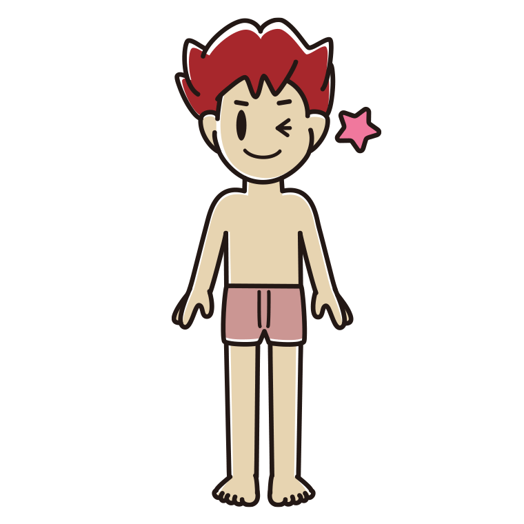 インナーウェアの着用例イラスト（ウインクする男子大学生）【色あり、背景なし】透過PNG