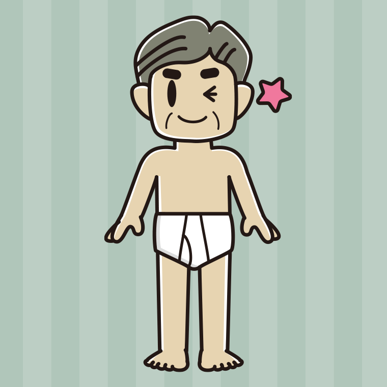 インナーウェアの着用例イラスト（ウインクするおじさん）【色、背景あり】PNG