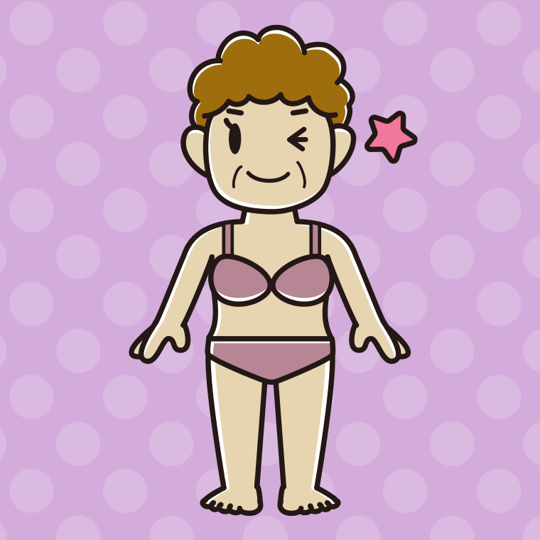 インナーウェアの着用例イラスト（ウインクするおばさん）【色、背景あり】PNG