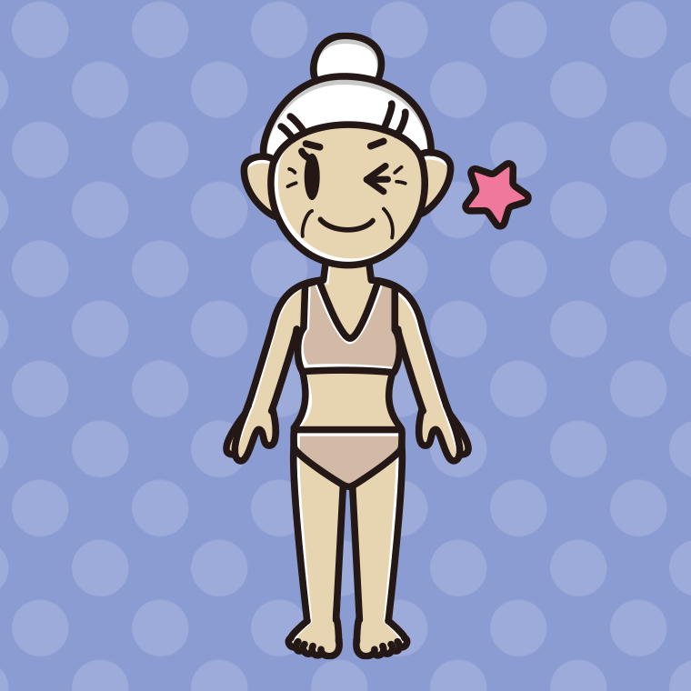 インナーウェアの着用例イラスト（ウインクするおばあさん）【色、背景あり】PNG