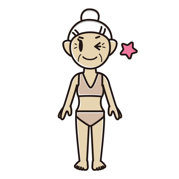 インナーウェアの着用例イラスト（ウインクするおばあさん）【色あり、背景なし】透過PNG