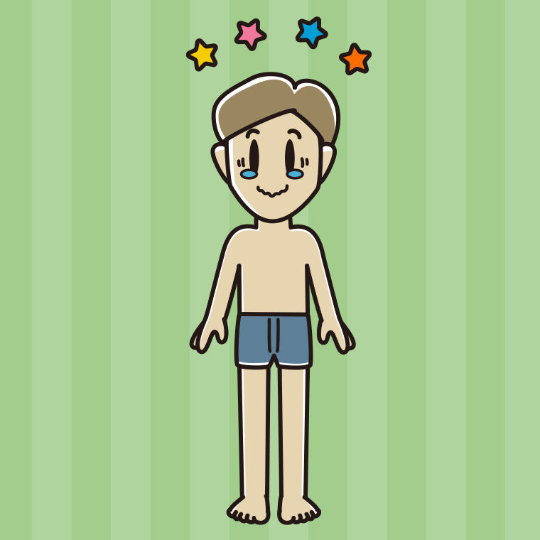 インナーウェアの着用例イラスト（ジーンとする男性）【色、背景あり】PNG