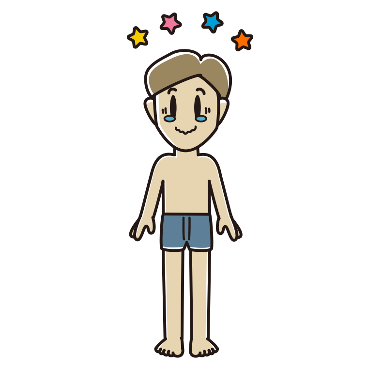 インナーウェアの着用例イラスト（ジーンとする男性）【色あり、背景なし】透過PNG